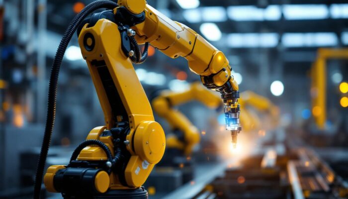 A photograph of a sleek industrial robotic arm in action