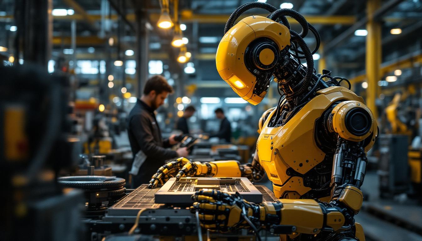 A photograph of a modern industrial robot in action within a manufacturing setting