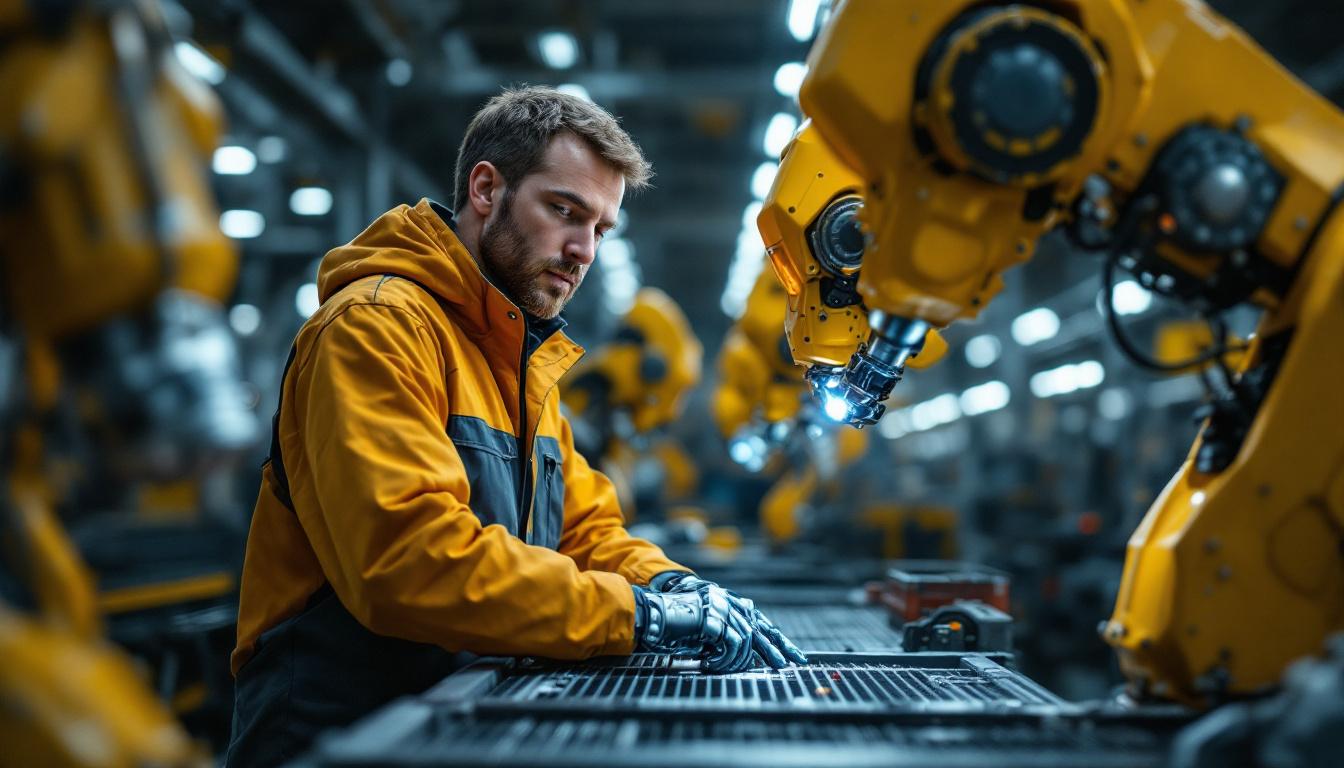 A photograph of a skilled industrial engineer working alongside advanced industrial robots in a modern manufacturing facility