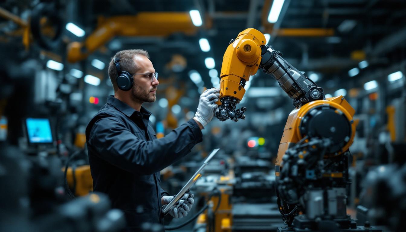 A photograph of a skilled technician interacting with an industrial robot in a modern manufacturing environment