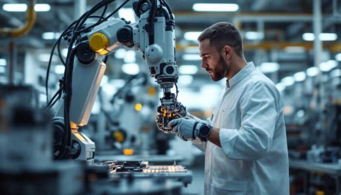 A photograph of a skilled technician operating a sophisticated industrial robotic arm in a clean