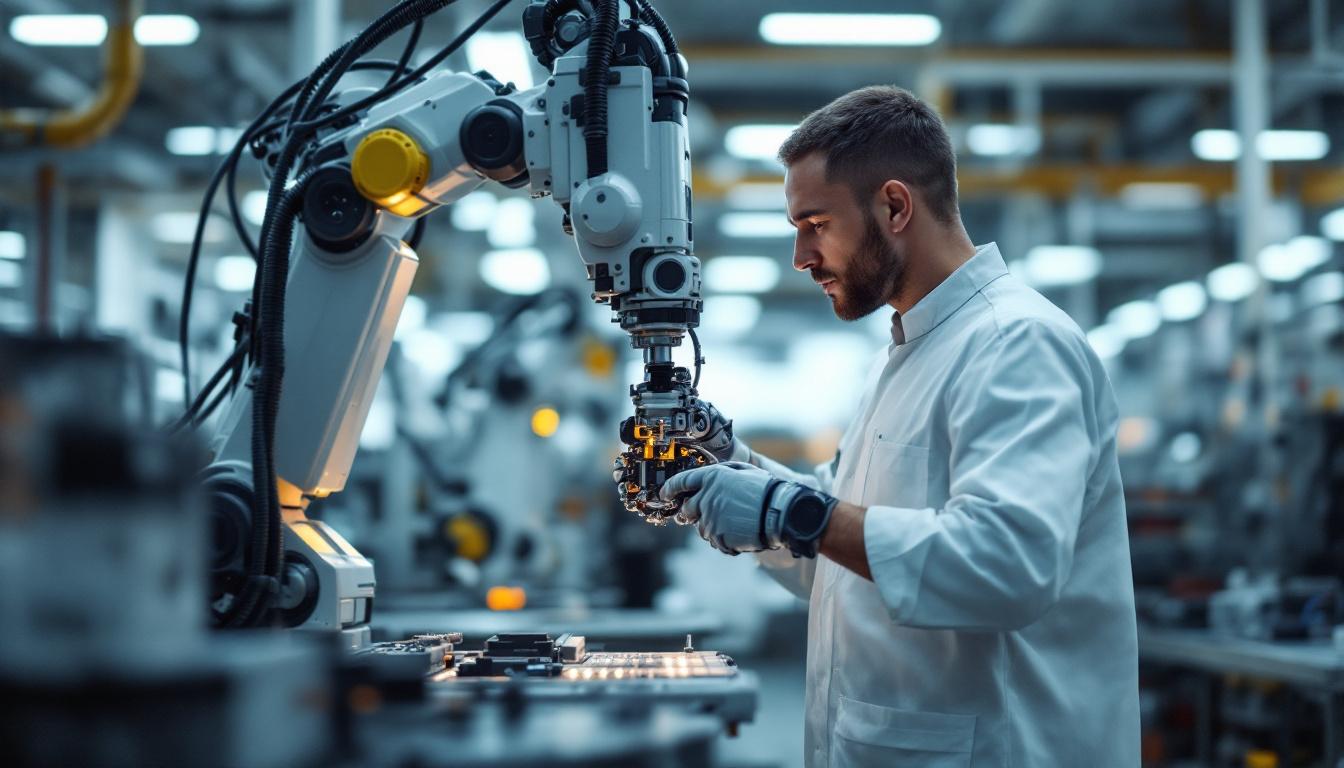 A photograph of a skilled technician operating a sophisticated industrial robotic arm in a clean