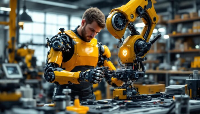 A photograph of a skilled technician assembling an industrial robot in a modern workshop