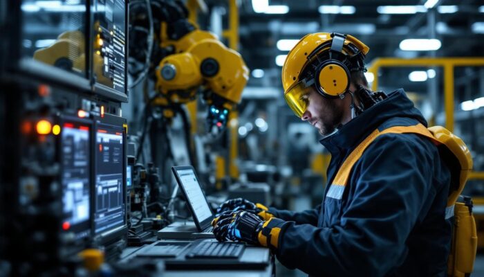 A photograph of a skilled technician programming or operating an industrial robot in a modern manufacturing setting