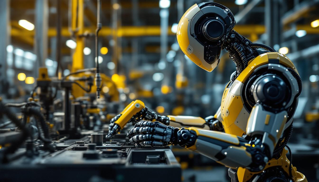 A photograph of a modern industrial robot in action on a factory floor