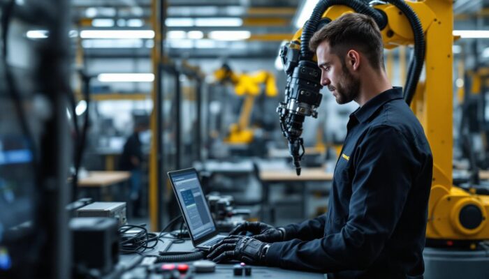 A photograph of a skilled technician programming an industrial robot in a modern boston-based software company