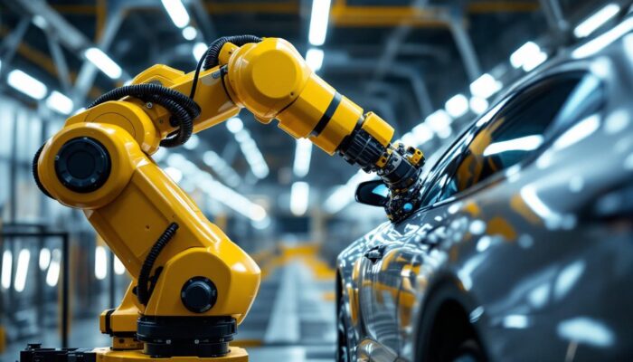 A photograph of a modern industrial robotic arm in action