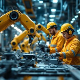 A photograph of a dynamic industrial robotics environment