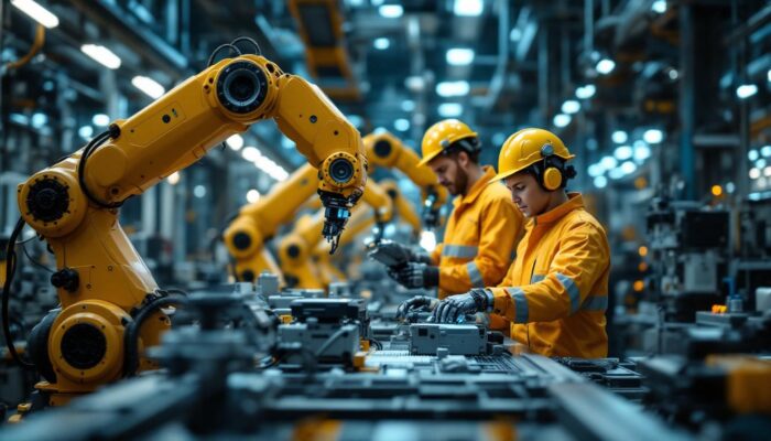 A photograph of a dynamic industrial robotics environment