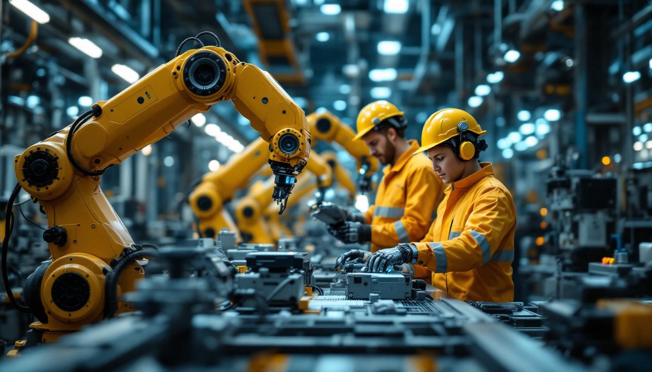 A photograph of a dynamic industrial robotics environment