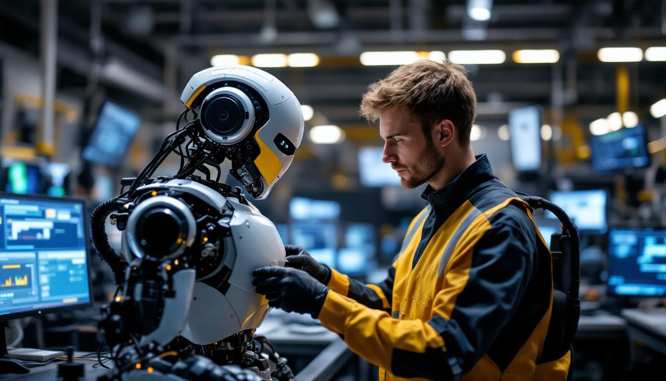 A photograph of a skilled technician programming an animatronic robot in a high-tech workshop