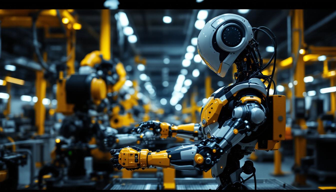 A photograph of a modern industrial robot in action within a manufacturing setting