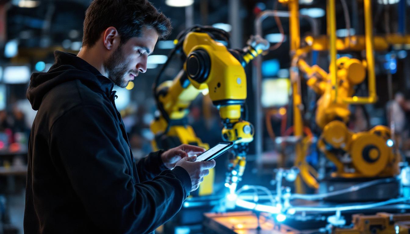 A photograph of a dynamic scene showcasing an intern actively working with an industrial robot at the museum of science in boston