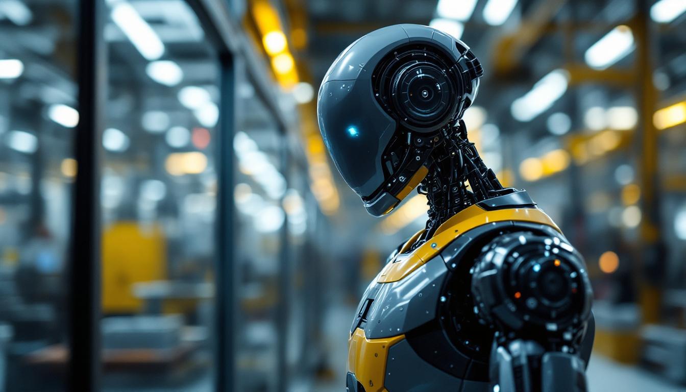 A photograph of a sleek industrial robot in action within a modern manufacturing environment