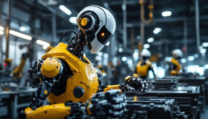 A photograph of a modern industrial robot in action within a manufacturing environment