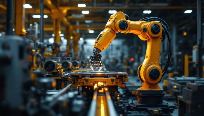 A photograph of a dynamic industrial setting featuring a robotic arm in action