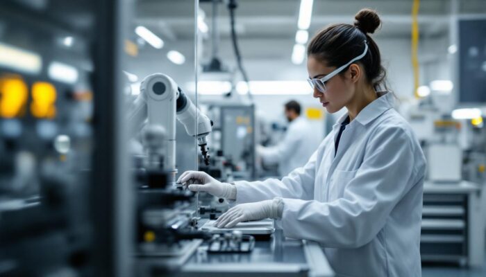 A photograph of a biomedical intern working with industrial robotic equipment in a lab setting