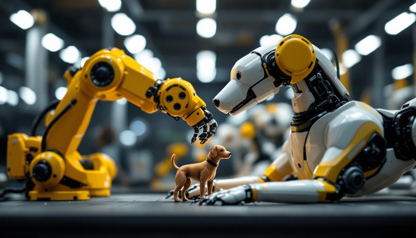 A photograph of a sleek industrial robotic arm interacting with a life-sized