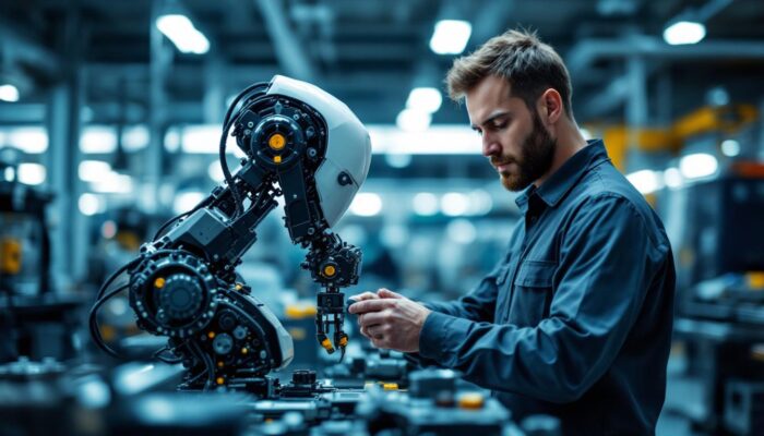 A photograph of a mechanical engineer working on an industrial robot in a modern manufacturing setting