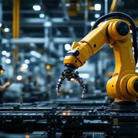 A photograph of a sleek industrial robotic arm in action within a modern manufacturing facility