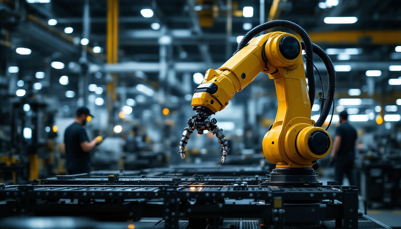 A photograph of a sleek industrial robotic arm in action within a modern manufacturing facility