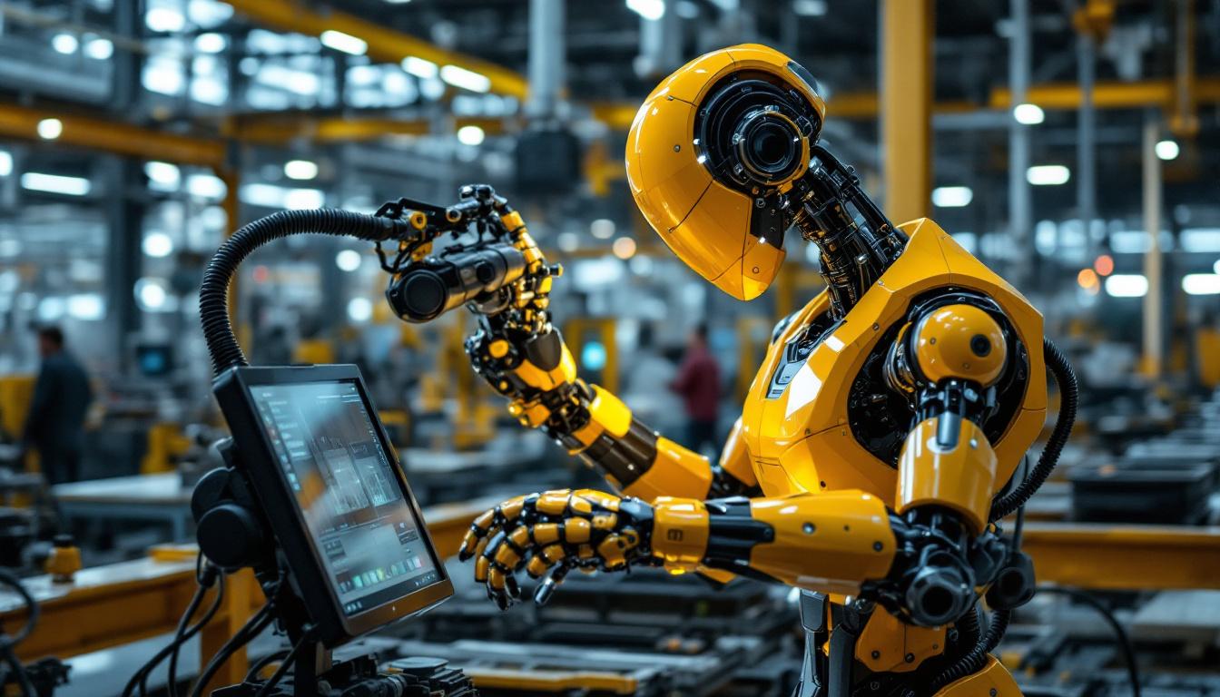 A photograph of a sleek industrial robot in action within a modern manufacturing environment