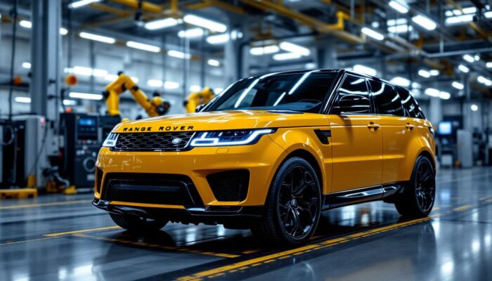 A photograph of a range rover sport in a dynamic industrial setting