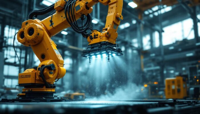 A photograph of a powerful industrial robot lifting or manipulating a heavy load