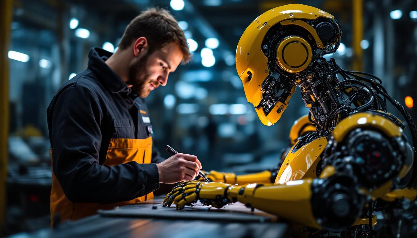 A photograph of a skilled engineer working alongside a sophisticated industrial robot in a modern manufacturing setting