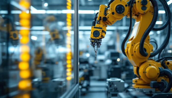 A photograph of a skilled technician operating an advanced industrial robotic system in a clean