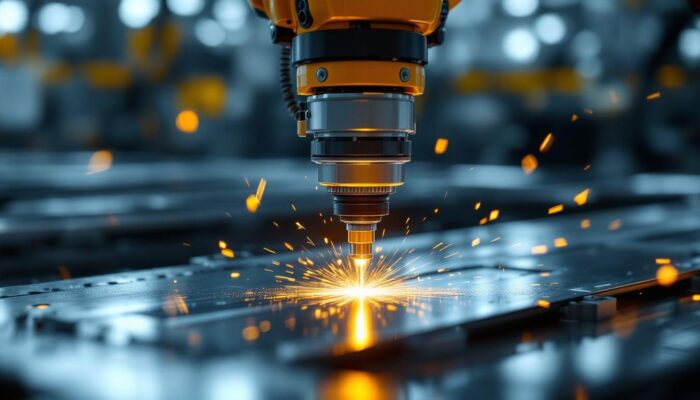 A photograph of a high-tech industrial robotic arm in action