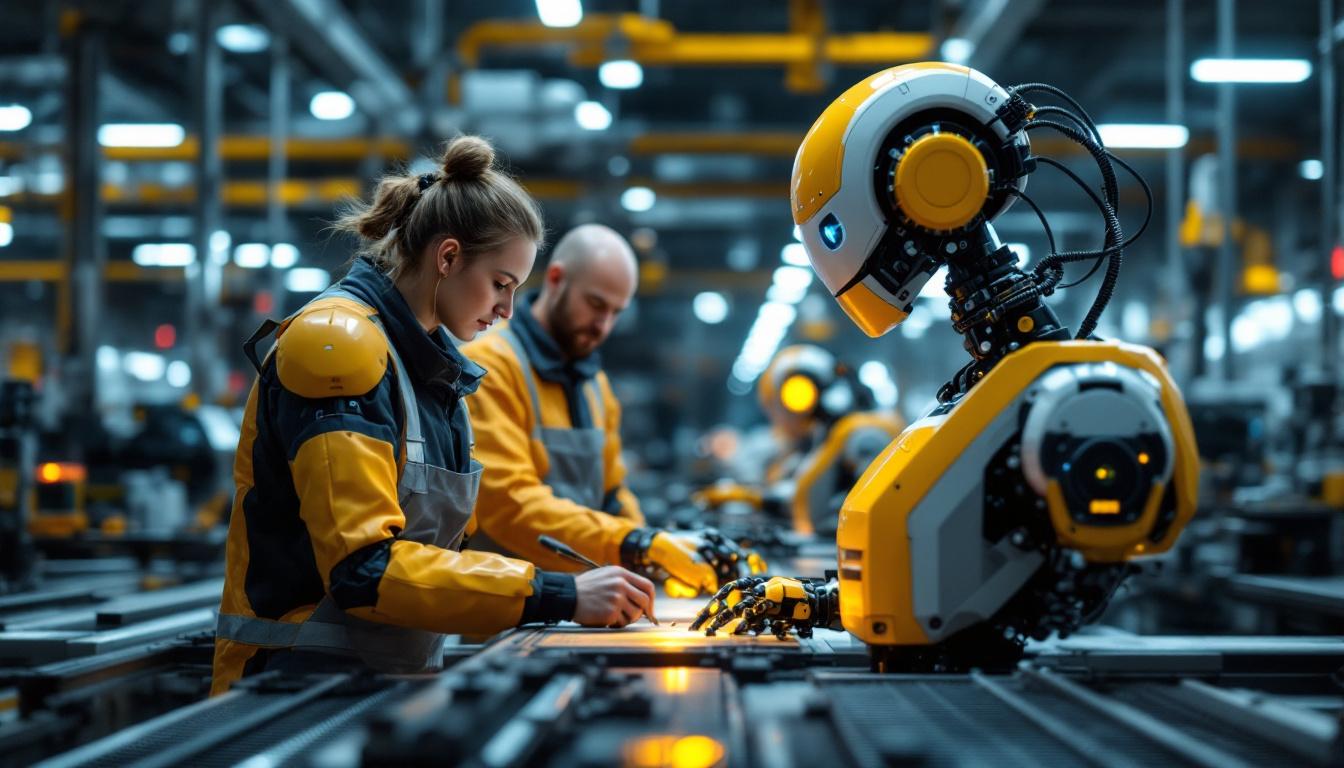 A photograph of a sleek industrial robot in action on a factory floor