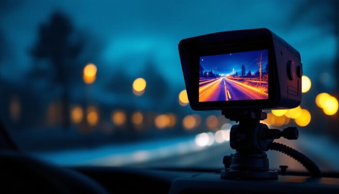 A photograph of a thermal night vision camera mounted on a car
