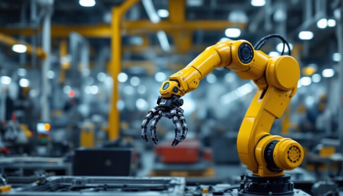 A photograph of a sleek industrial robotic arm in action