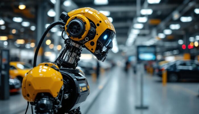 A photograph of capture a photograph of an industrial robot in action at the boston car museum