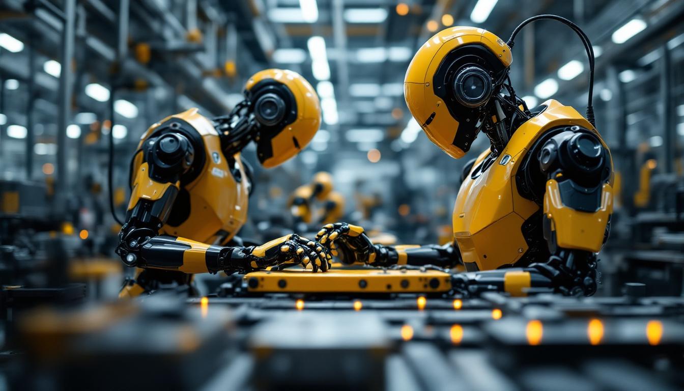 A photograph of a sleek industrial robot in action within a modern manufacturing environment