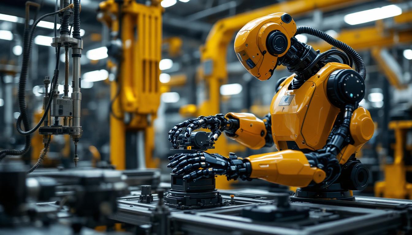 A photograph of a sleek industrial robot in action within a manufacturing environment