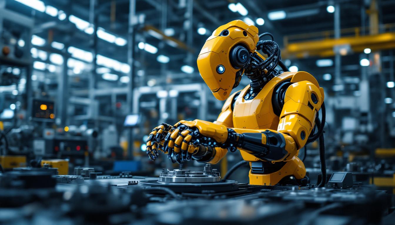 A photograph of a dynamic industrial robot in action within a manufacturing setting