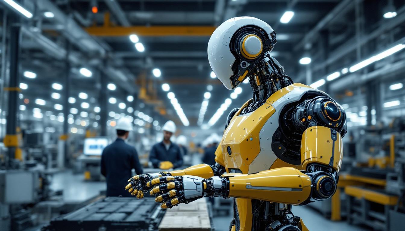 A photograph of a sleek industrial robot in action within a modern manufacturing facility