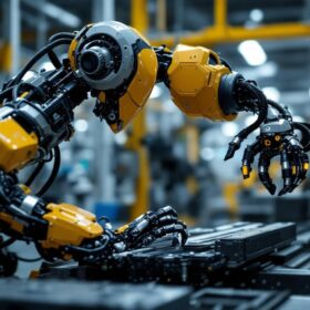 A photograph of a sleek industrial robot in action within a modern manufacturing environment