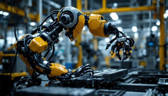 A photograph of a sleek industrial robot in action within a modern manufacturing environment