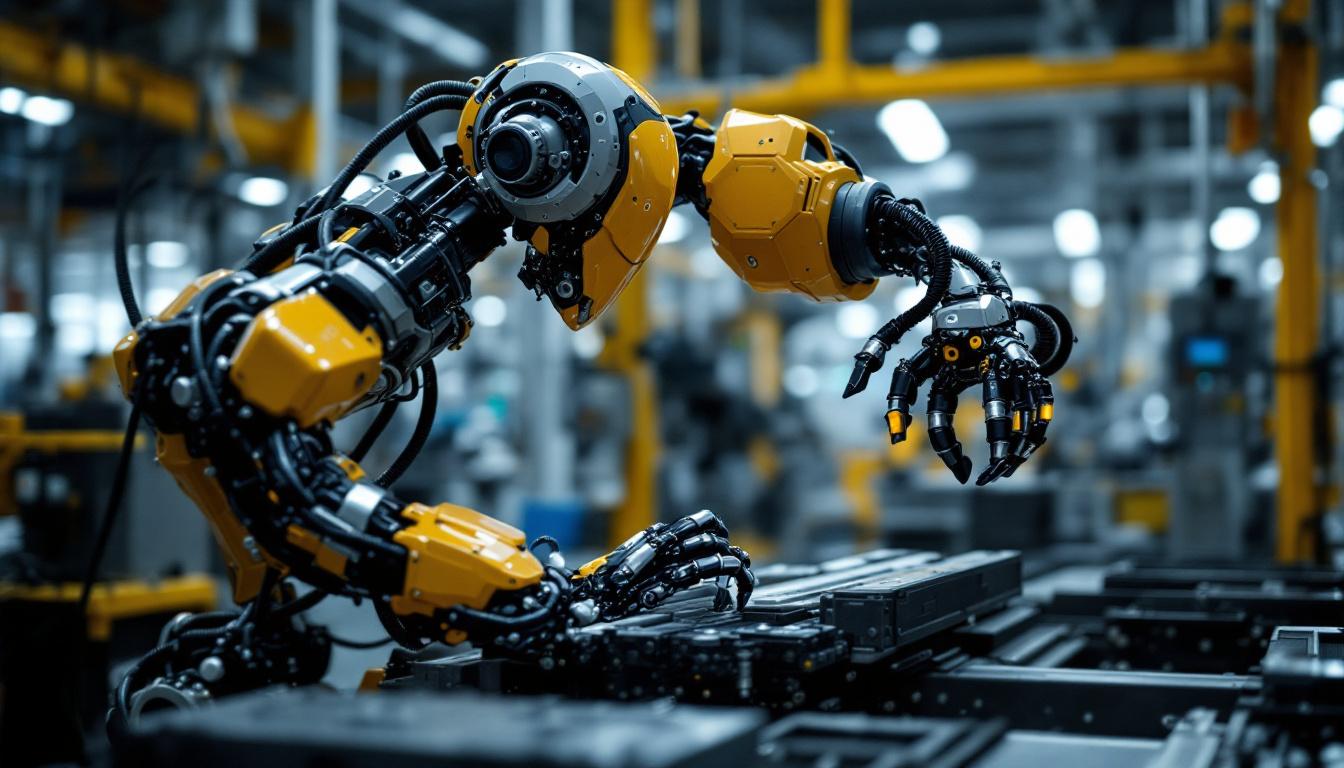 A photograph of a sleek industrial robot in action within a modern manufacturing environment