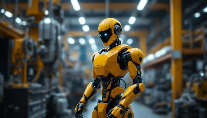 A photograph of capture a photograph of a humanoid drone in an industrial setting