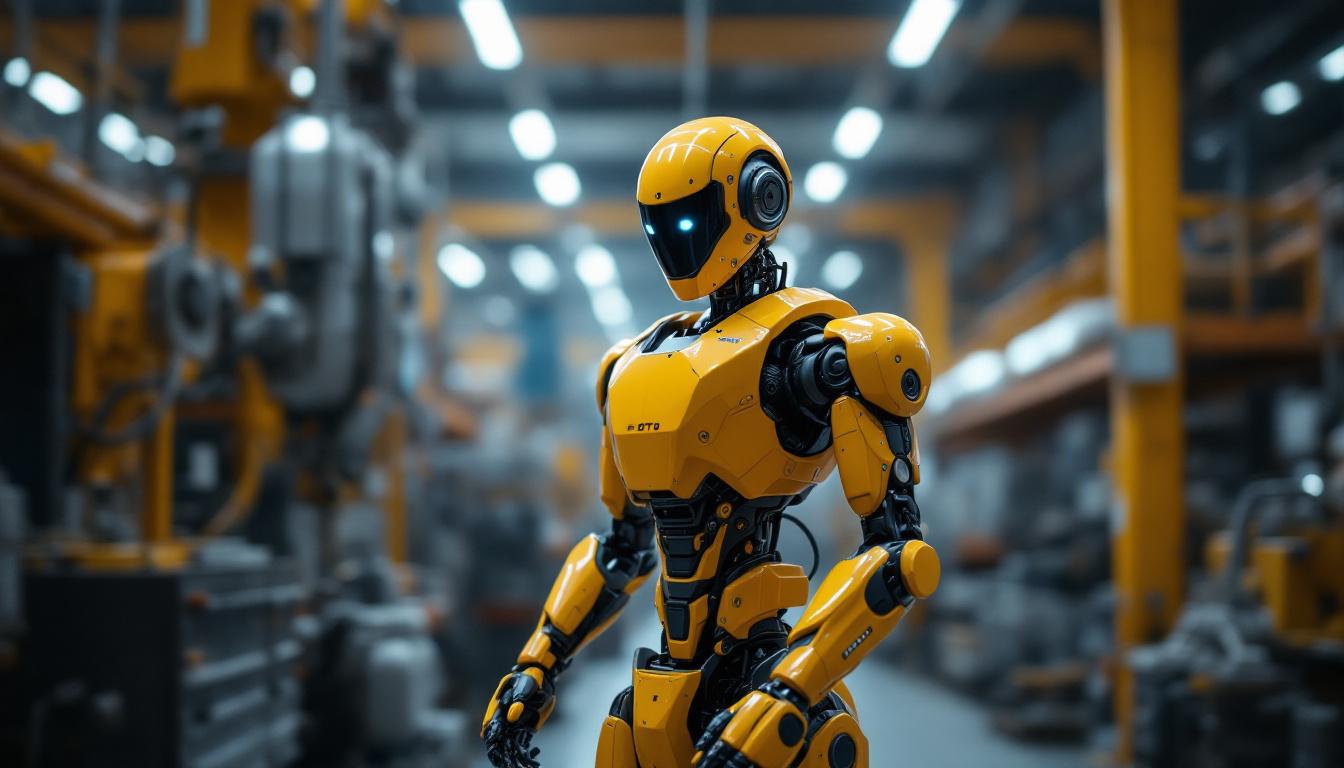 A photograph of capture a photograph of a humanoid drone in an industrial setting