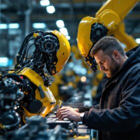 A photograph of a skilled senior support engineer working alongside industrial robots in a high-tech manufacturing environment