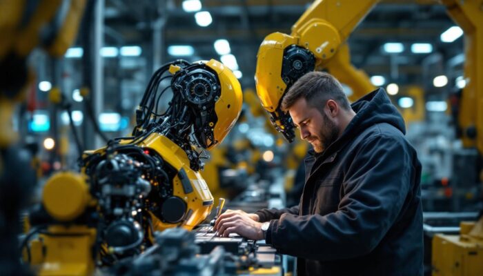 A photograph of a skilled senior support engineer working alongside industrial robots in a high-tech manufacturing environment