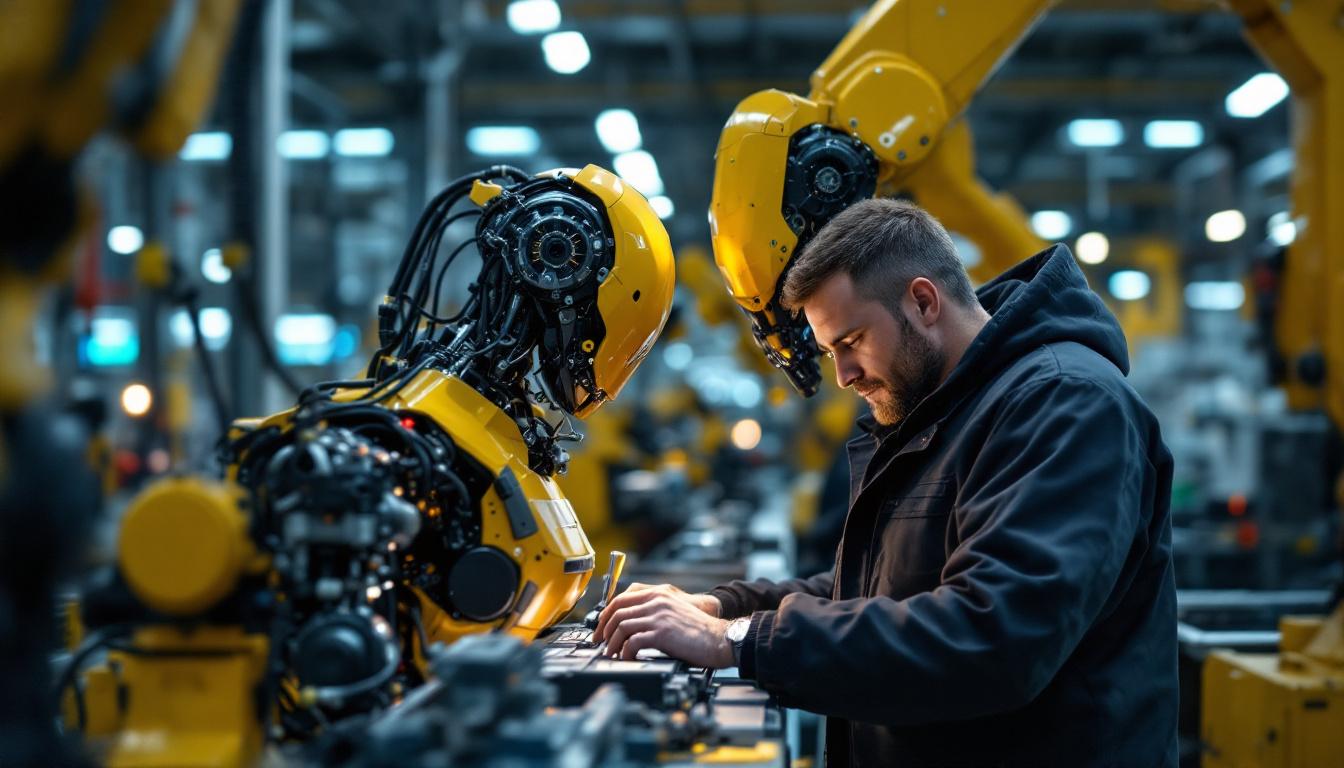 A photograph of a skilled senior support engineer working alongside industrial robots in a high-tech manufacturing environment