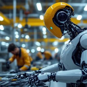 A photograph of a sleek industrial robot in action within a manufacturing setting