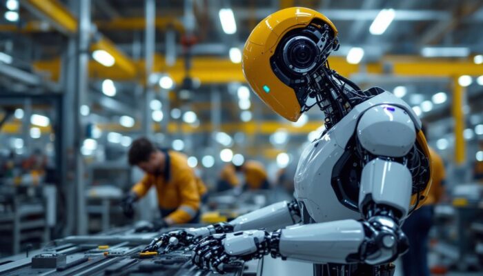 A photograph of a sleek industrial robot in action within a manufacturing setting