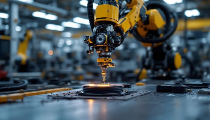 A photograph of a modern industrial robot in action